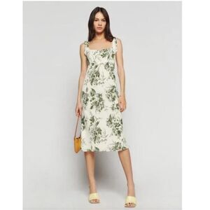 Reformation Cream Midi Dress with Green Floral Print